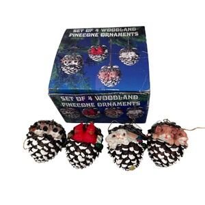 Woodland Pinecone Ornaments Set 4 Animals Cardinals Bunnies Raccoons Squirrels